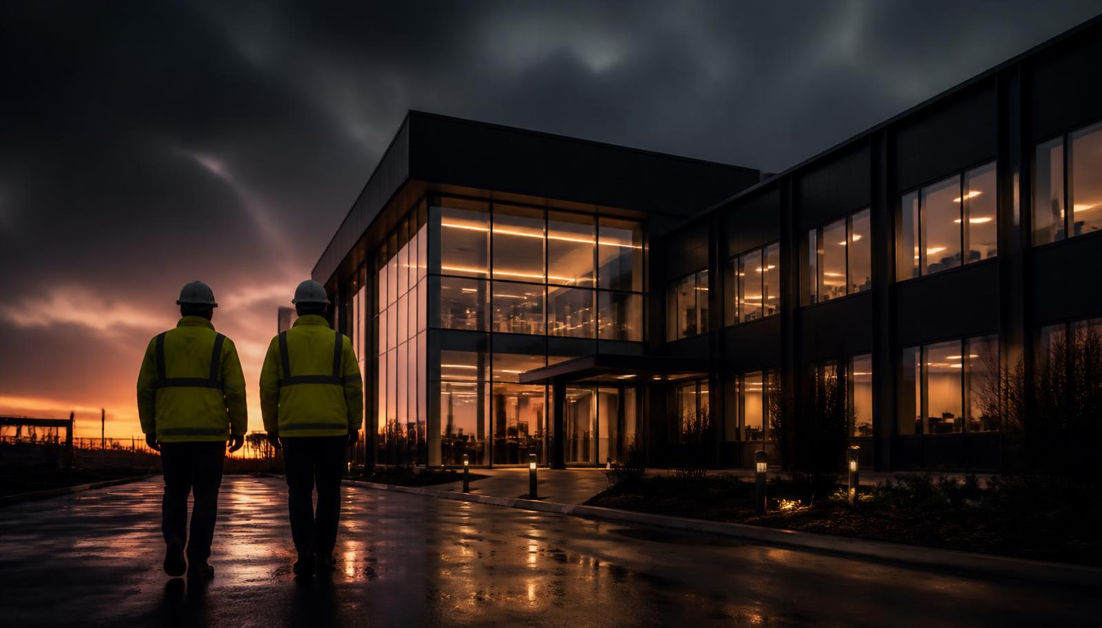 Veris Group engineers arriving at a commercial building in Peterborough at dusk